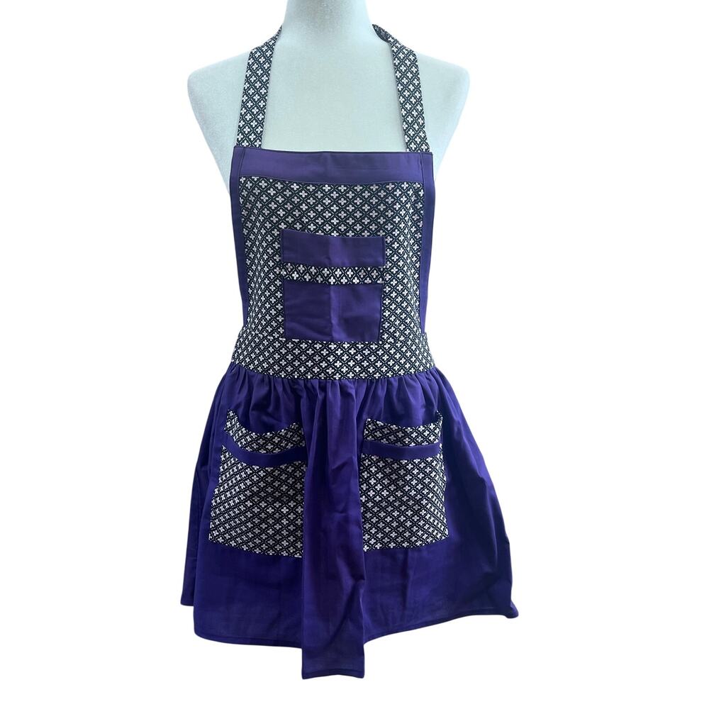 Women's Purple & Black Floral Retro Handmade Apron‎ Two Pockets Cotton Size M/L